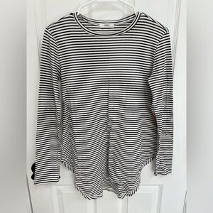 Cherish Black White Stripe Brown Elbow Patch Long Sleeve High Low Hem Tee Size M